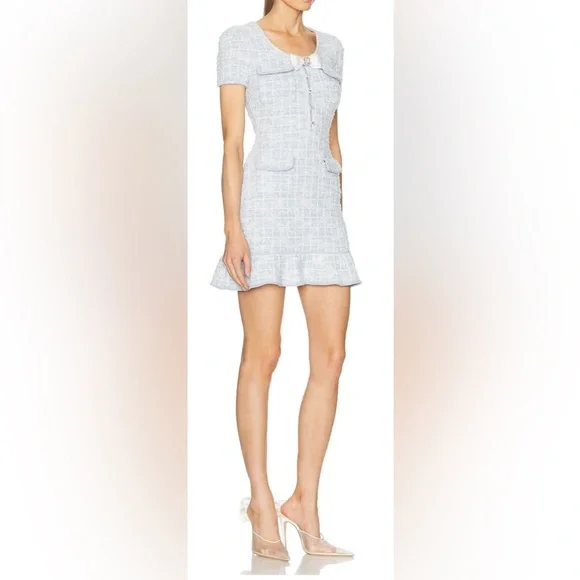 SELF-PORTRAIT Light Blue Tweed Checked Bow-Detail Mini Dress - BNWT - Size M - Picture 3 of 9
